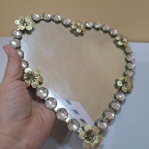 Crystal Hear Mirror Vintage Beazzled 10" Glam Regency Cottage Chic Floral Acent